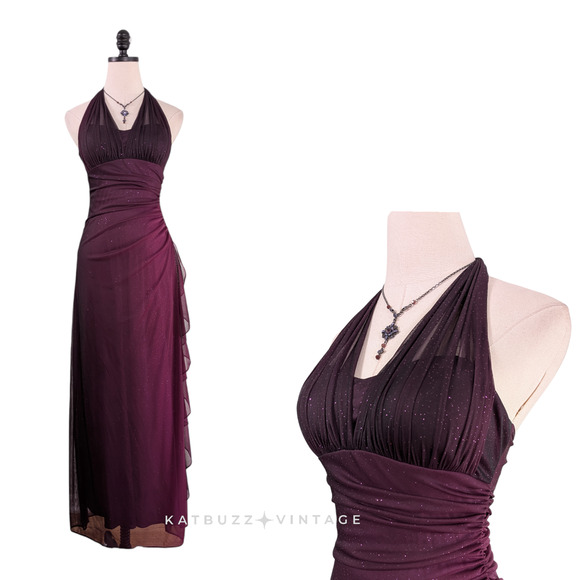 Vintage Nites Prom Dress Maxi Gown 6 Purple Fairy Goth Y2K Halter Glam Ruffle - Picture 1 of 15